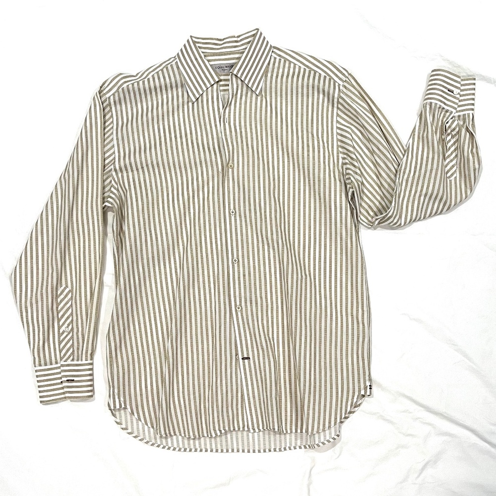 EQUILIBRIO Milano Camp-Collar Beige and White Stripe Men's Shirt, Size L